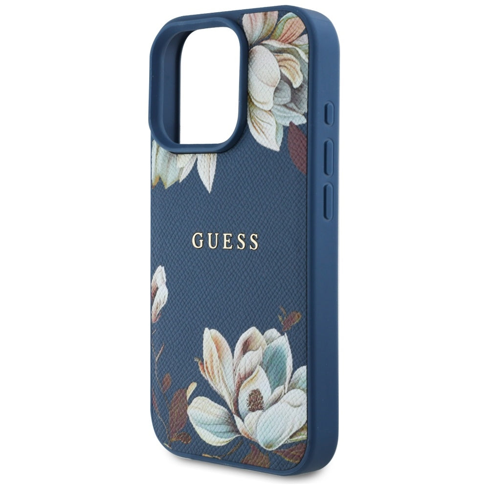 Калъф MagSafe за Apple iPhone 16 Pro Max, Guess, Grained Flowers, Син