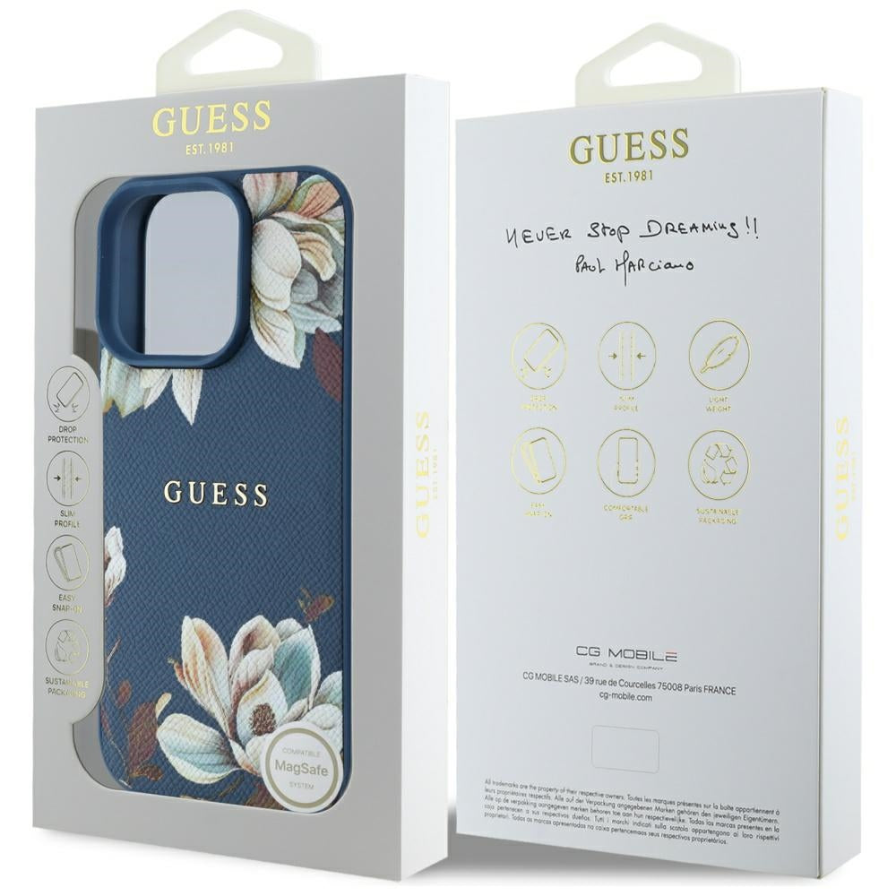 Калъф MagSafe за Apple iPhone 16 Pro Max, Guess, Grained Flowers, Син