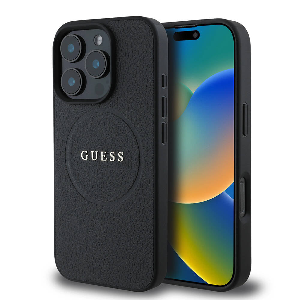 Калъф MagSafe за Apple iPhone 16 Pro Max, Guess, Grained Gold Ring, Черен