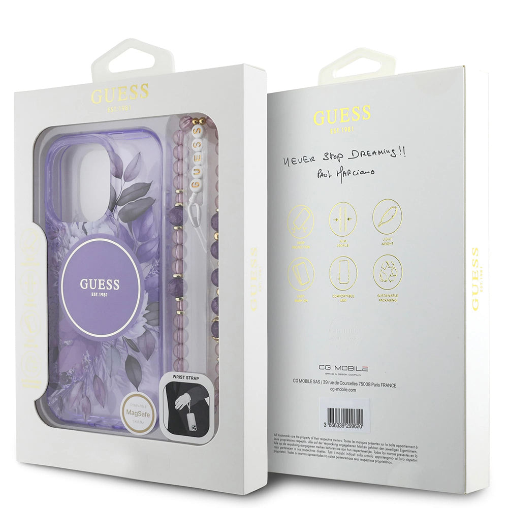 Калъф MagSafe за Apple iPhone 16 Pro Max, Guess, IML Flowers with Pearl Strap, Лилав