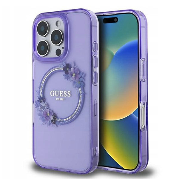 Калъф MagSafe за Apple iPhone 16 Pro Max, Guess, IML Flowers Wreath, Лилав
