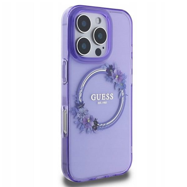 Калъф MagSafe за Apple iPhone 16 Pro Max, Guess, IML Flowers Wreath, Лилав