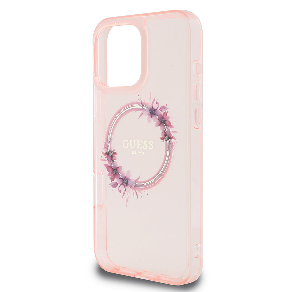 Калъф MagSafe за Apple iPhone 16 Pro Max, Guess, IML Flowers Wreath, Розов