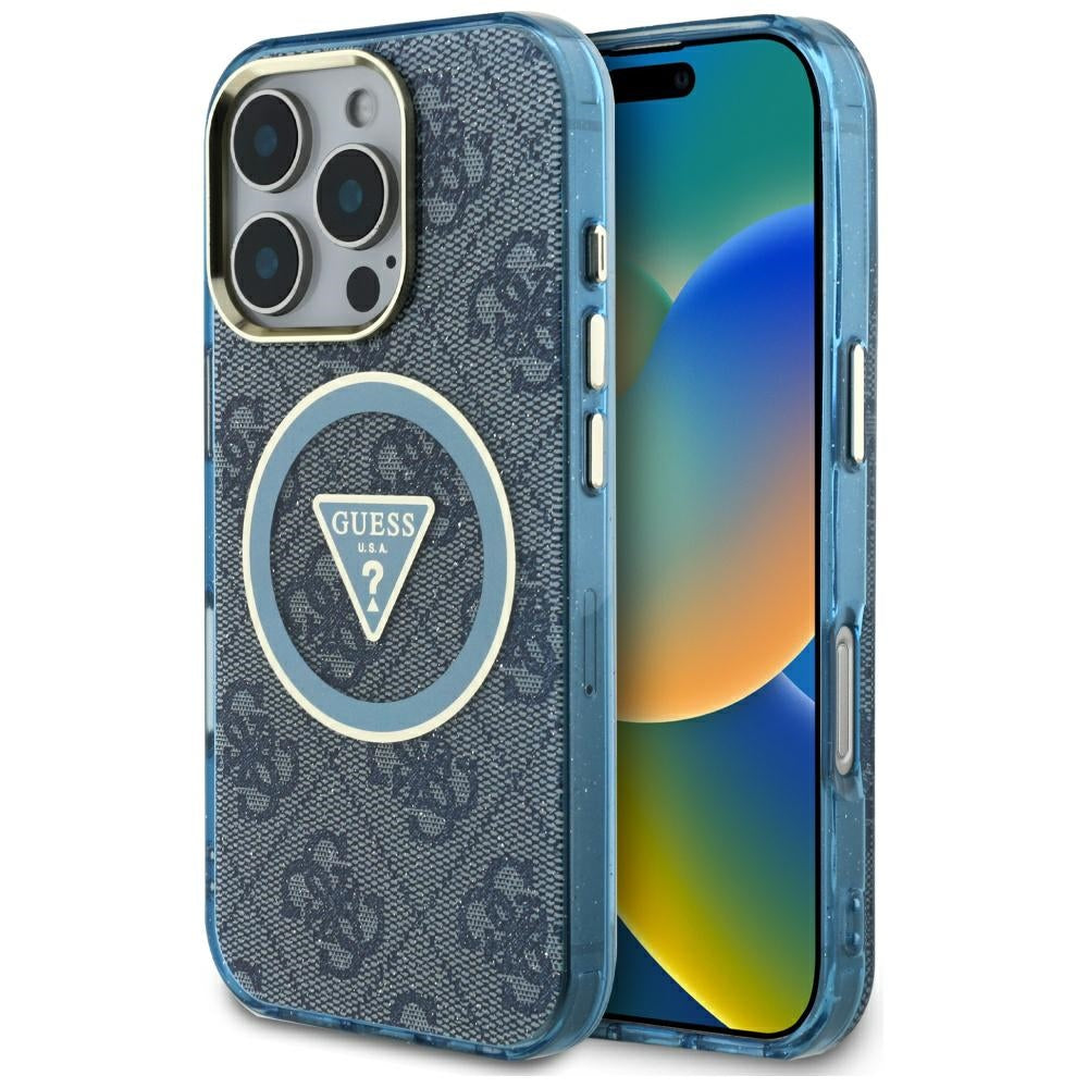 Калъф MagSafe за Apple iPhone 16 Pro Max, Guess, IML Glitter 4G Circle Triangle, Син