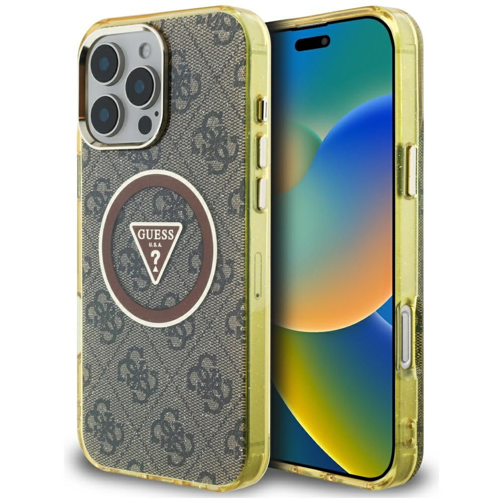 Калъф MagSafe за Apple iPhone 16 Pro Max, Guess, IML Glitter 4G Circle Triangle, Кафяв