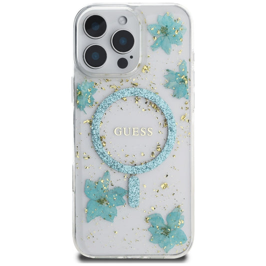 Калъф MagSafe за Apple iPhone 16 Pro Max, Guess, Resin Flowers and Glitter, Тюркоаз