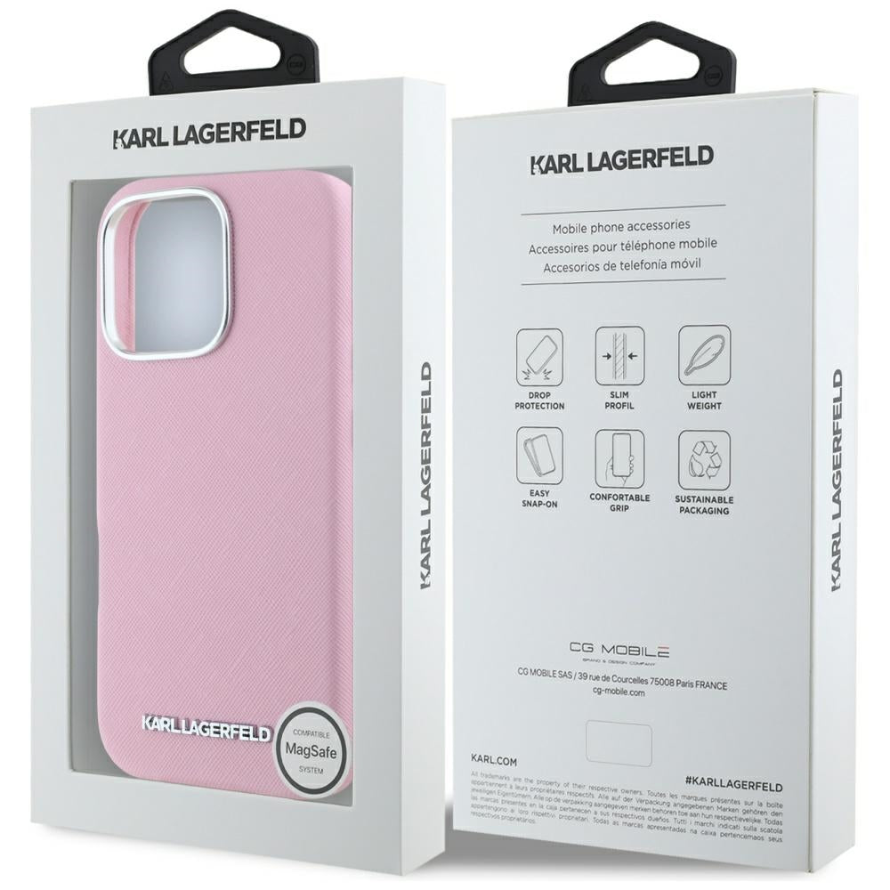 Калъф MagSafe за Apple iPhone 16 Pro Max, Karl Lagerfeld, Saffiano Full Wrapped Elongated Metal Logo, Розов