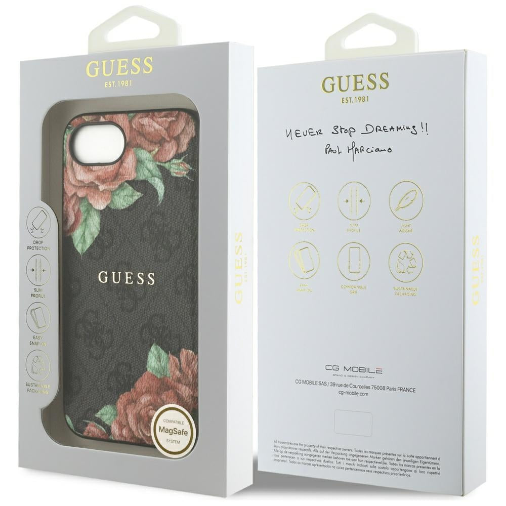Калъф MagSafe за Apple iPhone 17e / 16e, Guess, 4G Flowers Print, Черен