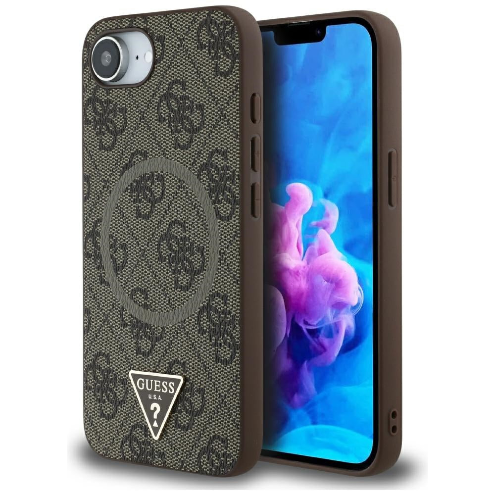Калъф MagSafe за Apple iPhone 17e / 16e, Guess, 4G Ring Triangle Logo, Кафяв