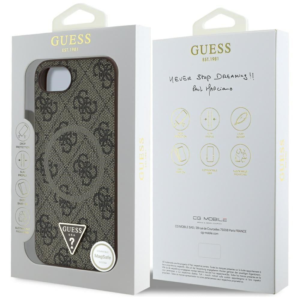 Калъф MagSafe за Apple iPhone 17e / 16e, Guess, 4G Ring Triangle Logo, Кафяв