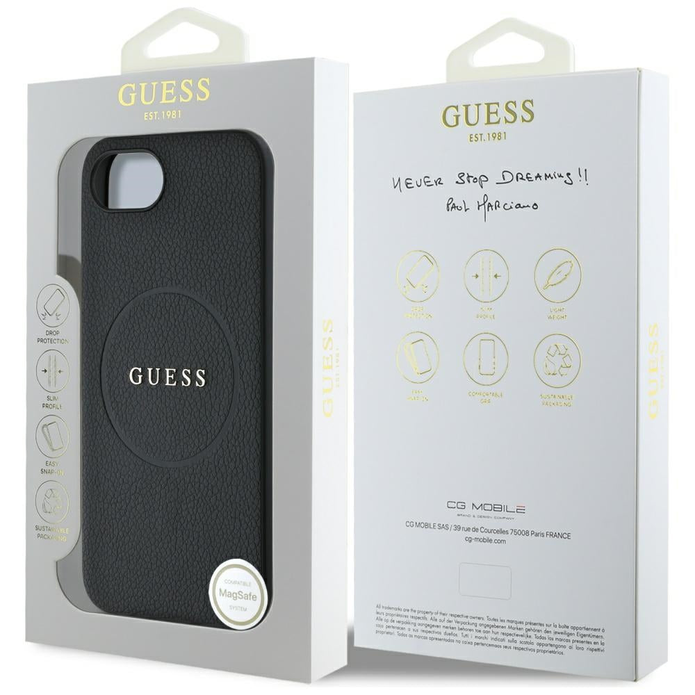 Калъф MagSafe за Apple iPhone 17e / 16e, Guess, Grained Gold Ring, Черен