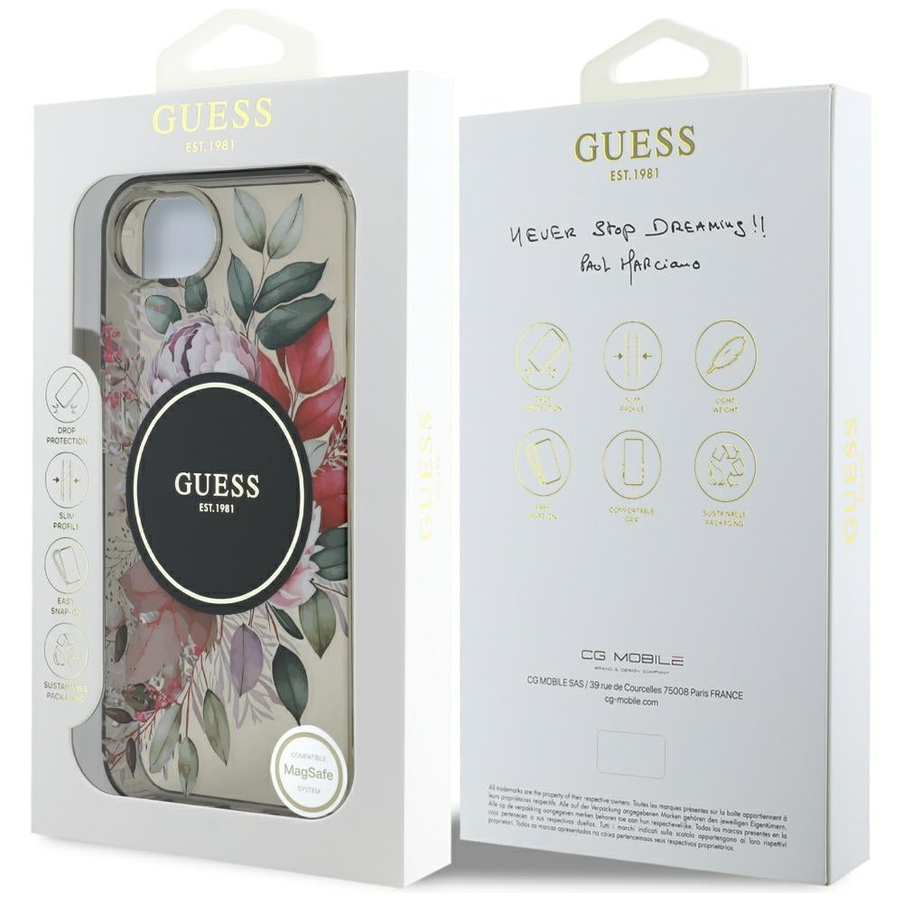 Калъф MagSafe за Apple iPhone 17e / 16e, Guess, IML Flowers, Черен