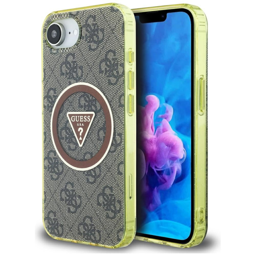 Калъф MagSafe за Apple iPhone 17e / 16e, Guess, IML Glitter 4G Circle Triangle, Кафяв
