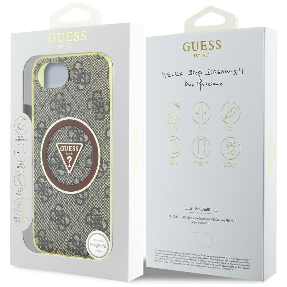 Калъф MagSafe за Apple iPhone 17e / 16e, Guess, IML Glitter 4G Circle Triangle, Кафяв