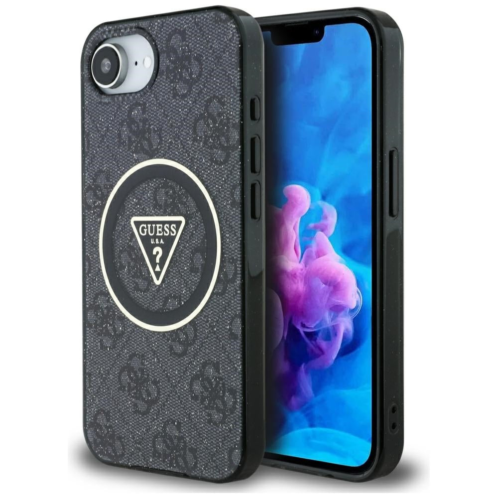 Калъф MagSafe за Apple iPhone 17e / 16e, Guess, IML Glitter 4G Circle Triangle, Черен