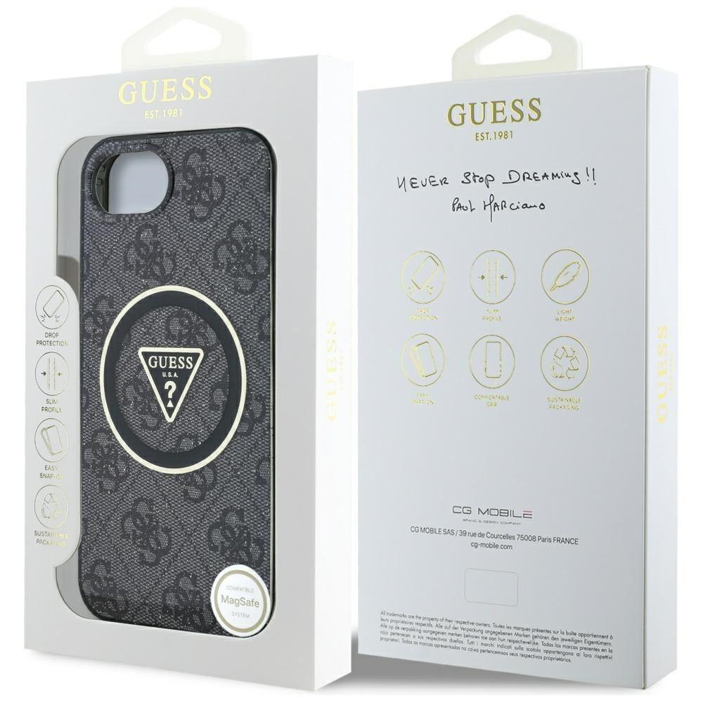 Калъф MagSafe за Apple iPhone 17e / 16e, Guess, IML Glitter 4G Circle Triangle, Черен