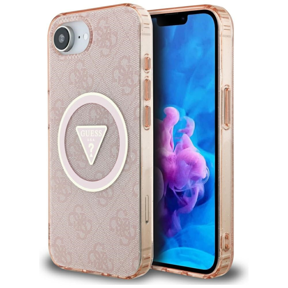 Калъф MagSafe за Apple iPhone 17e / 16e, Guess, IML Glitter 4G Circle Triangle, Розов