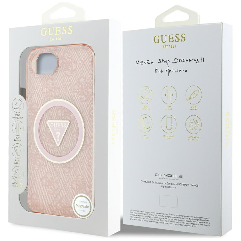 Калъф MagSafe за Apple iPhone 17e / 16e, Guess, IML Glitter 4G Circle Triangle, Розов
