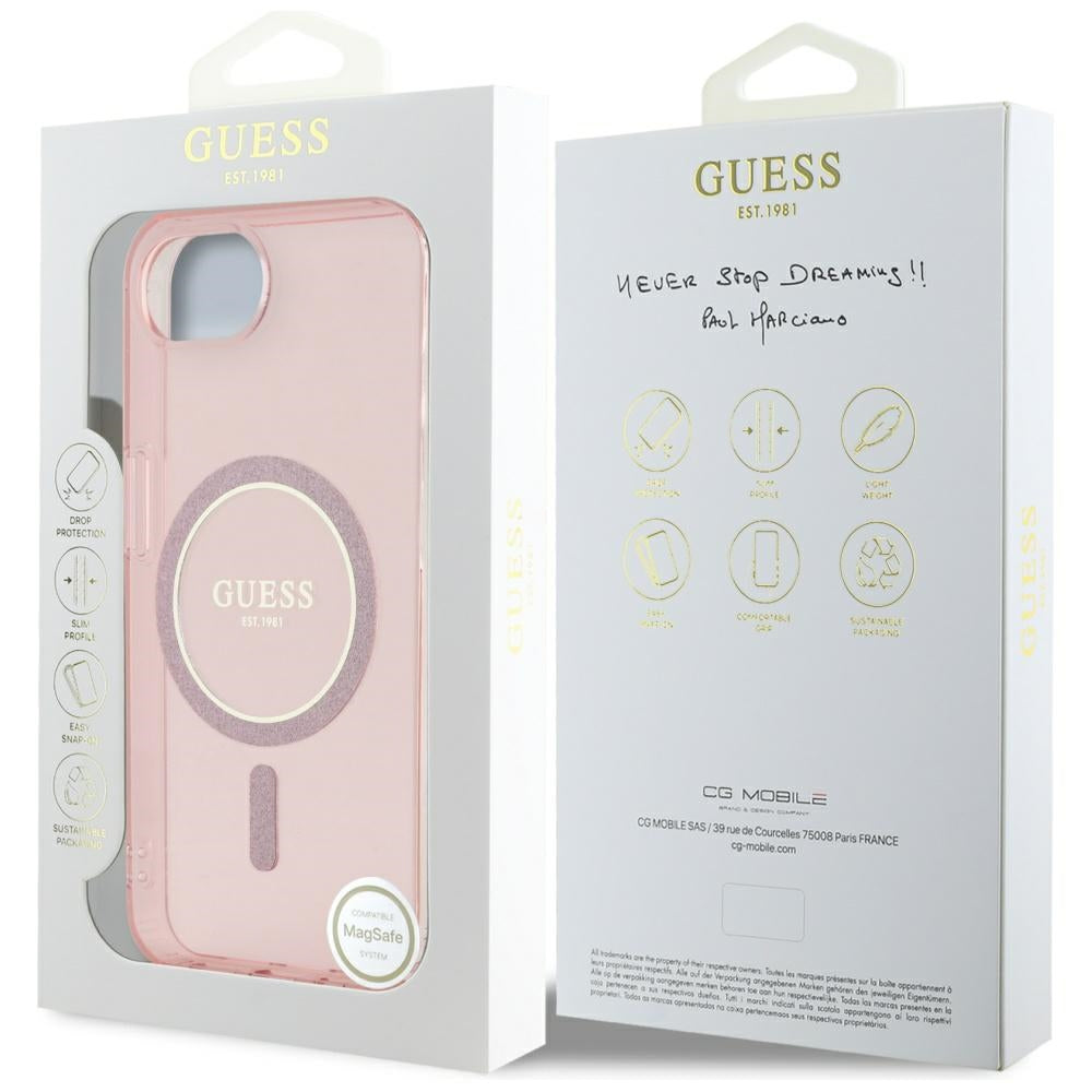 Калъф MagSafe за Apple iPhone 17e / 16e, Guess, IML Glitter Circle, Розов