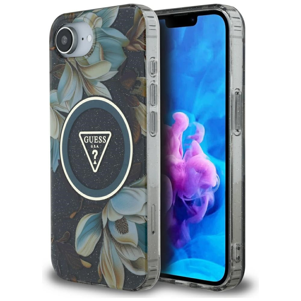 Калъф MagSafe за Apple iPhone 17e / 16e, Guess, IML Metal Glitter Flowers Triangle, Черен