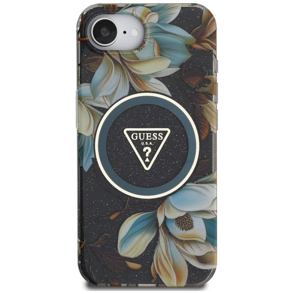 Калъф MagSafe за Apple iPhone 17e / 16e, Guess, IML Metal Glitter Flowers Triangle, Черен