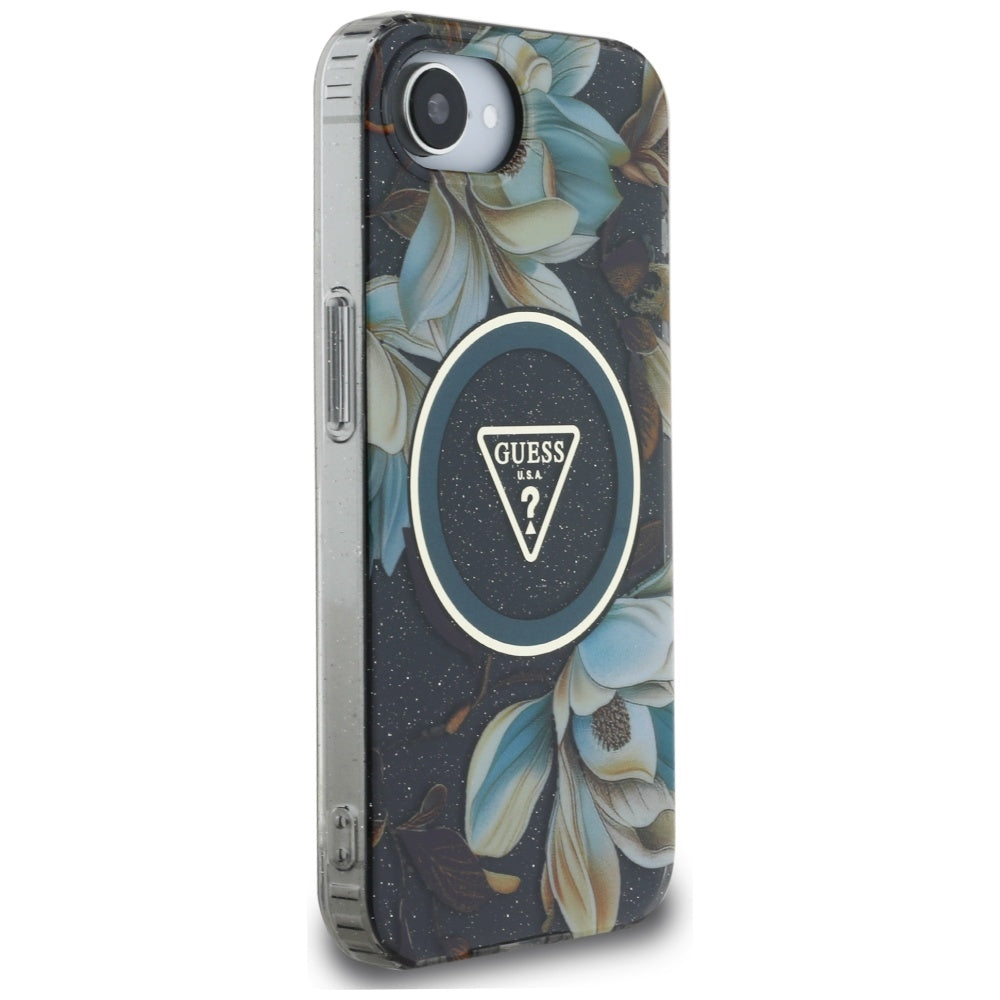 Калъф MagSafe за Apple iPhone 17e / 16e, Guess, IML Metal Glitter Flowers Triangle, Черен