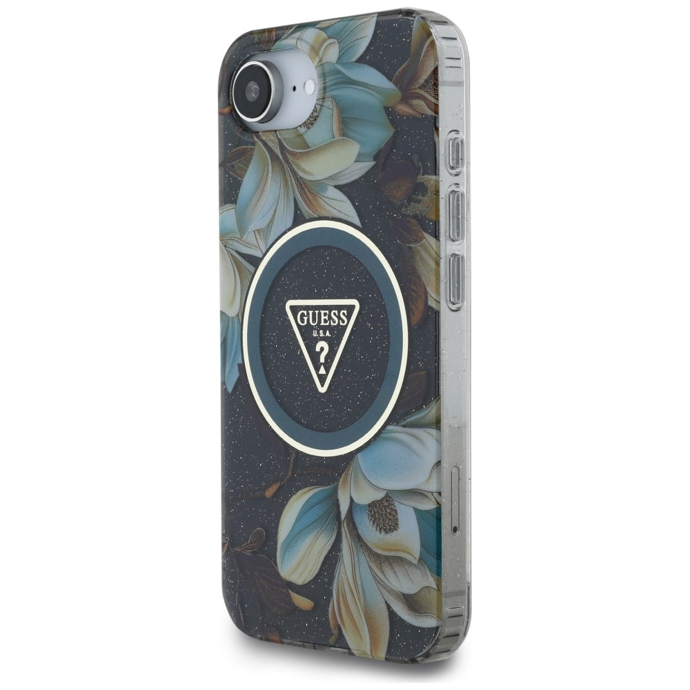 Калъф MagSafe за Apple iPhone 17e / 16e, Guess, IML Metal Glitter Flowers Triangle, Черен