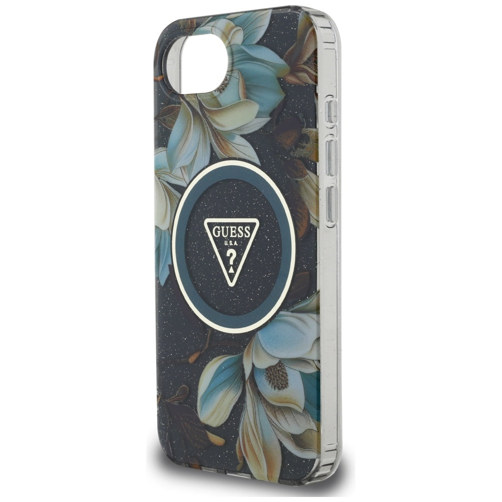 Калъф MagSafe за Apple iPhone 17e / 16e, Guess, IML Metal Glitter Flowers Triangle, Черен