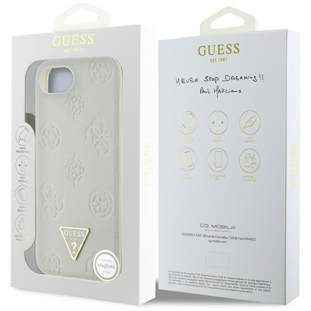 Калъф MagSafe за Apple iPhone 17e / 16e, Guess, Peony Grained Hot Stamp Triangle, Бежов