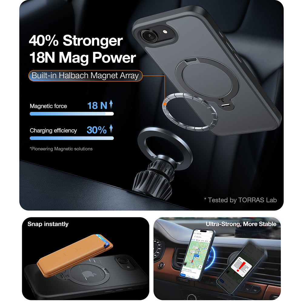 Калъф MagSafe за Apple iPhone 17e / 16e, Torras, Ostand Spin, Черен