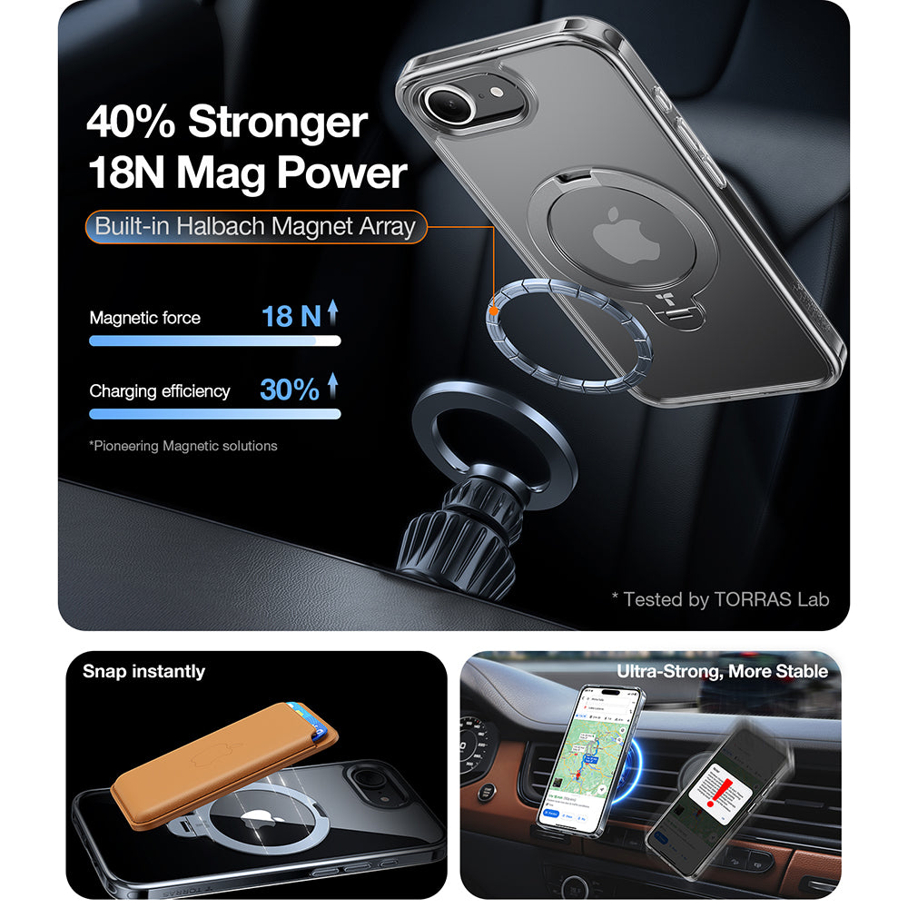 Калъф MagSafe за Apple iPhone 17e / 16e, Torras, Ostand Spin, Прозрачен