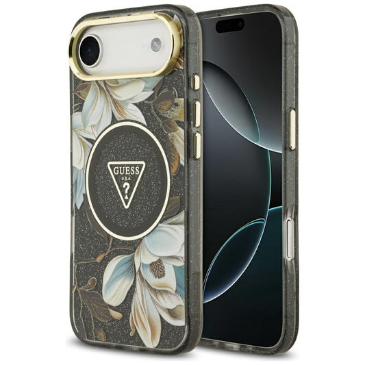 Калъф MagSafe за Apple iPhone 17 Air, Guess, IML Metal Glitter Flowers Triangle, Черен