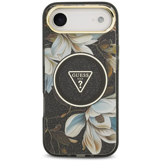 Калъф MagSafe за Apple iPhone 17 Air, Guess, IML Metal Glitter Flowers Triangle, Черен