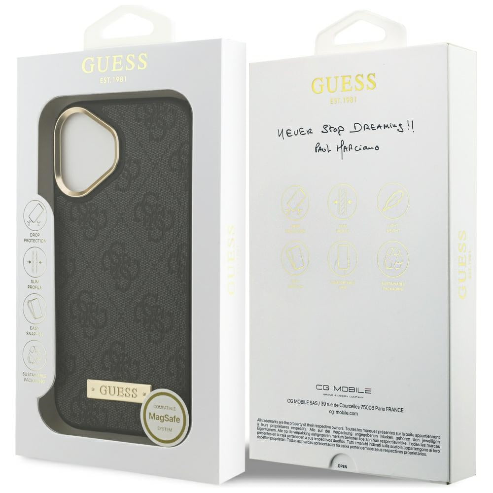 Калъф MagSafe за Apple iPhone 17, Guess, 4G Logo Plate, Черен