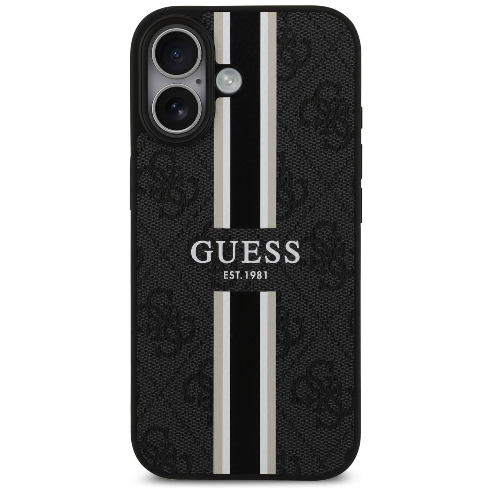 Калъф MagSafe за Apple iPhone 17, Guess, 4G Printed Stripes, Черен