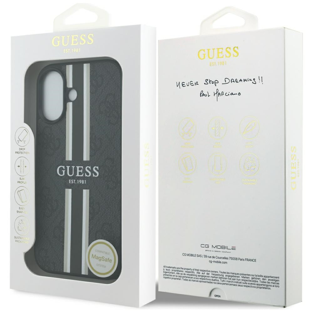 Калъф MagSafe за Apple iPhone 17, Guess, 4G Printed Stripes, Черен