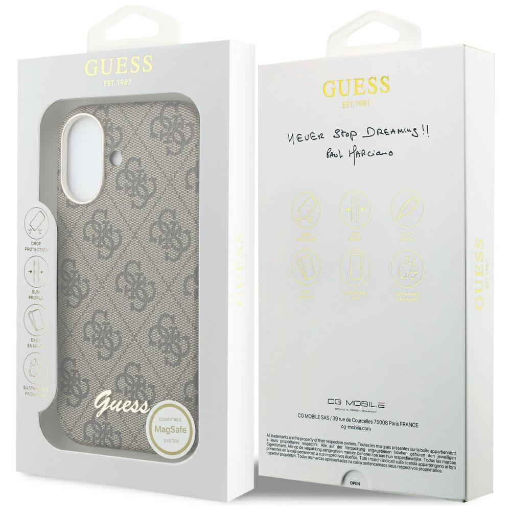 Калъф MagSafe за Apple iPhone 17, Guess, 4G Script Logo, Кафяв