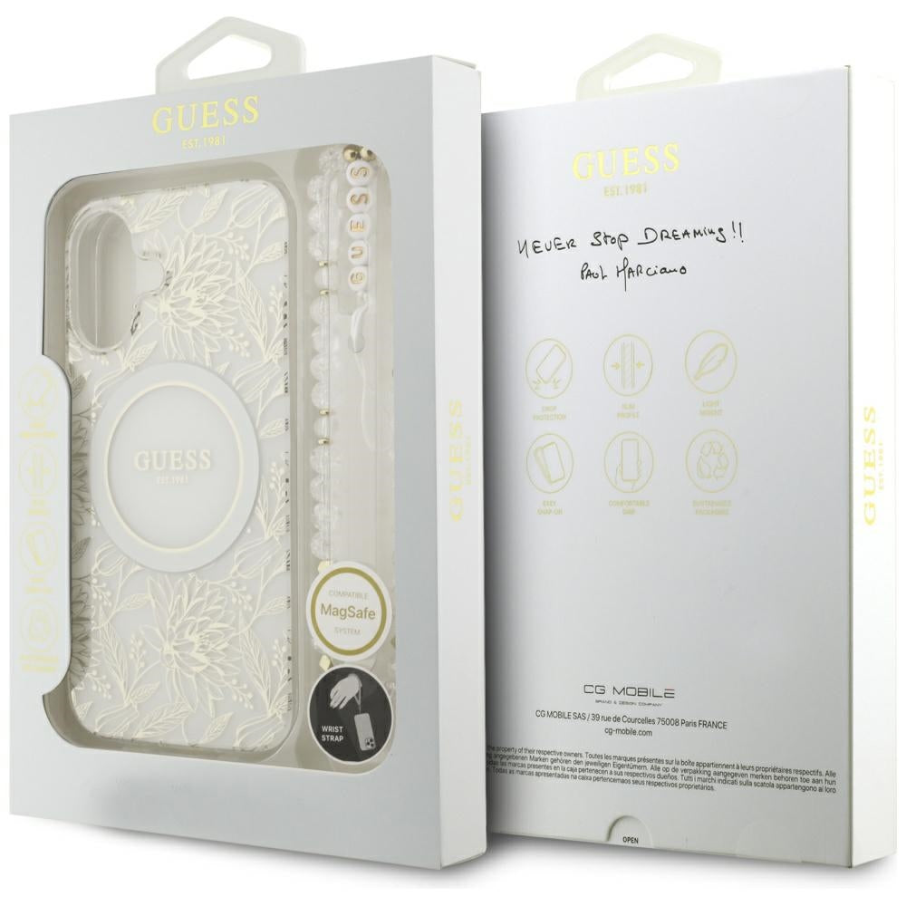 MagSafe Case for Apple iPhone 17, Guess, IML Flowers with Pearl Strap, White