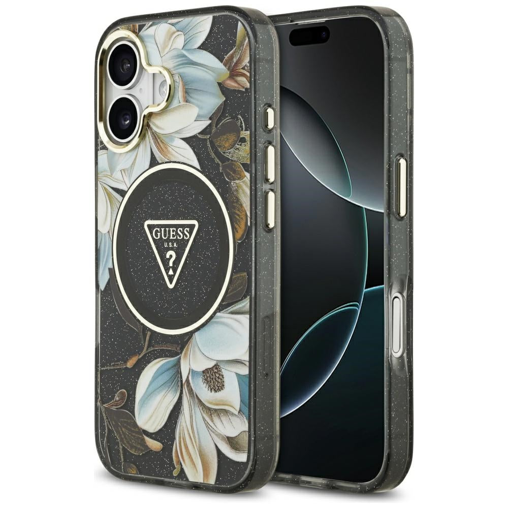 Калъф MagSafe за Apple iPhone 17, Guess, IML Metal Glitter Flowers Triangle, Черен