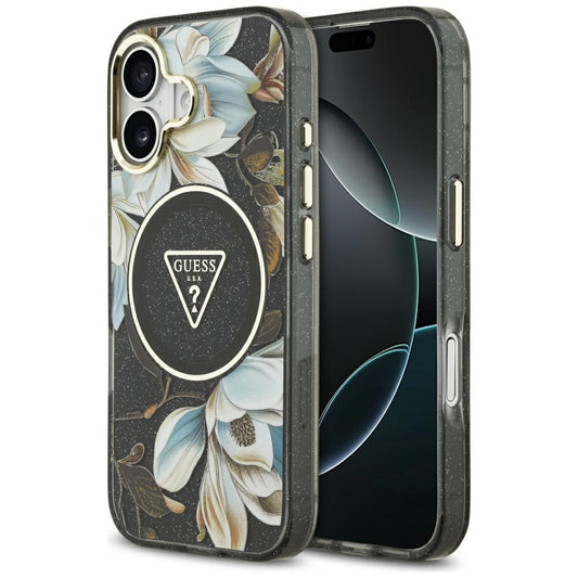 Калъф MagSafe за Apple iPhone 17, Guess, IML Metal Glitter Flowers Triangle, Черен