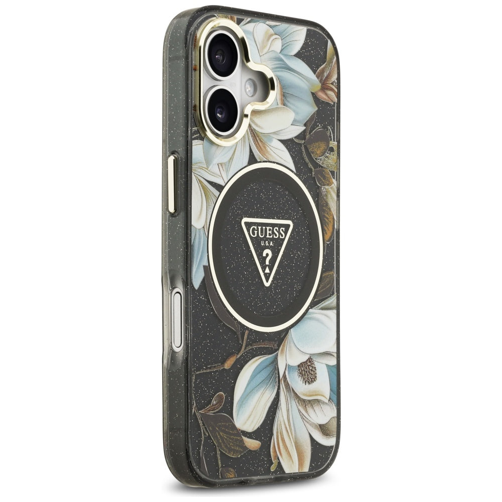 Калъф MagSafe за Apple iPhone 17, Guess, IML Metal Glitter Flowers Triangle, Черен