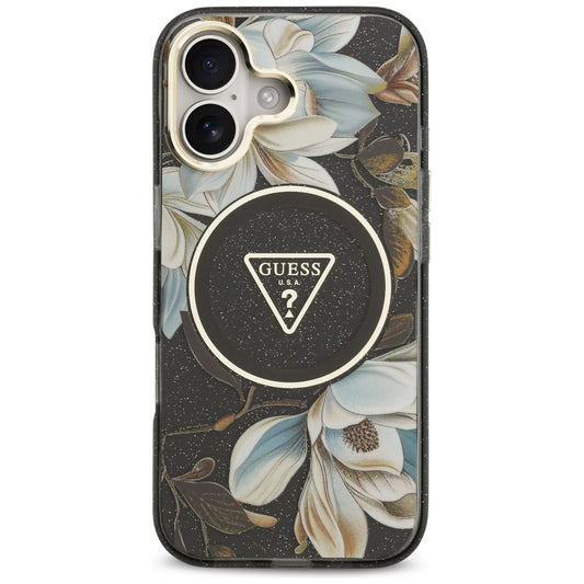 Калъф MagSafe за Apple iPhone 17, Guess, IML Metal Glitter Flowers Triangle, Черен