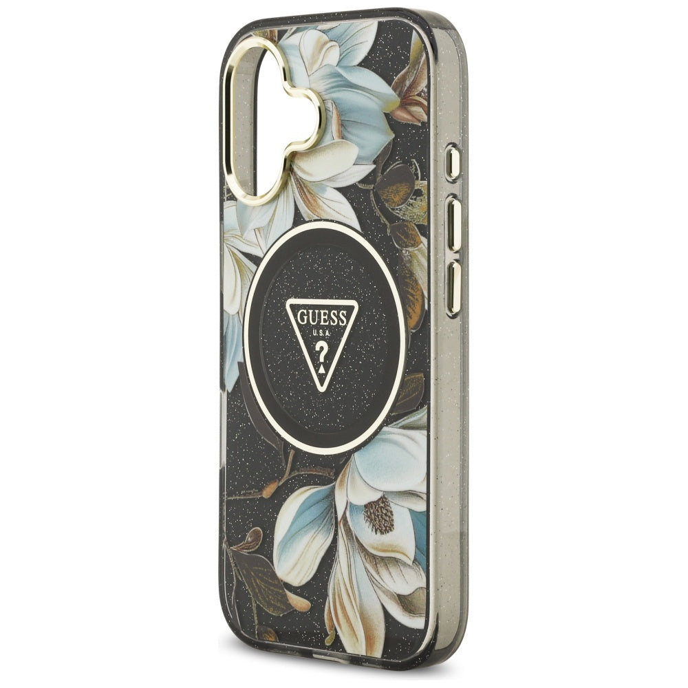 Калъф MagSafe за Apple iPhone 17, Guess, IML Metal Glitter Flowers Triangle, Черен