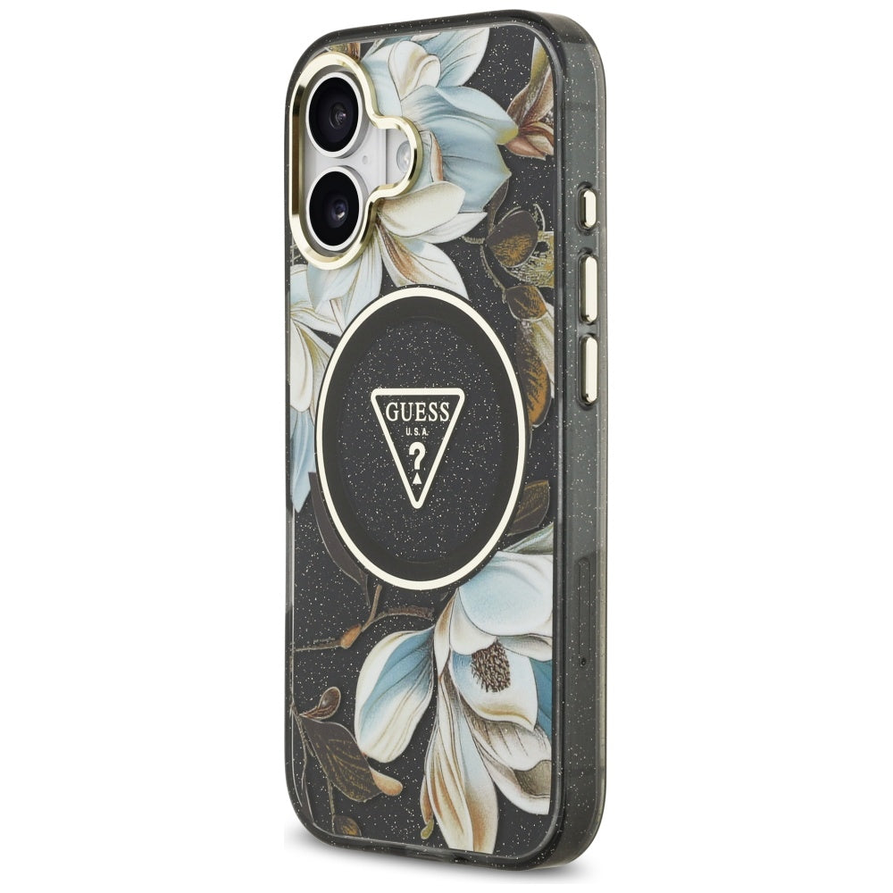 Калъф MagSafe за Apple iPhone 17, Guess, IML Metal Glitter Flowers Triangle, Черен