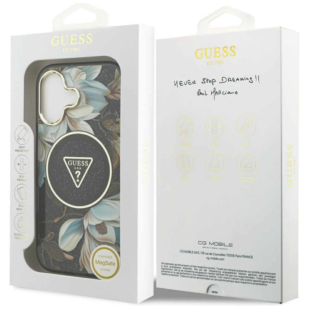 Калъф MagSafe за Apple iPhone 17, Guess, IML Metal Glitter Flowers Triangle, Черен