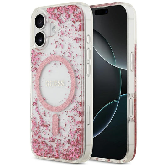 Калъф MagSafe за Apple iPhone 17, Guess, Resin Bottom Glitter, Розов