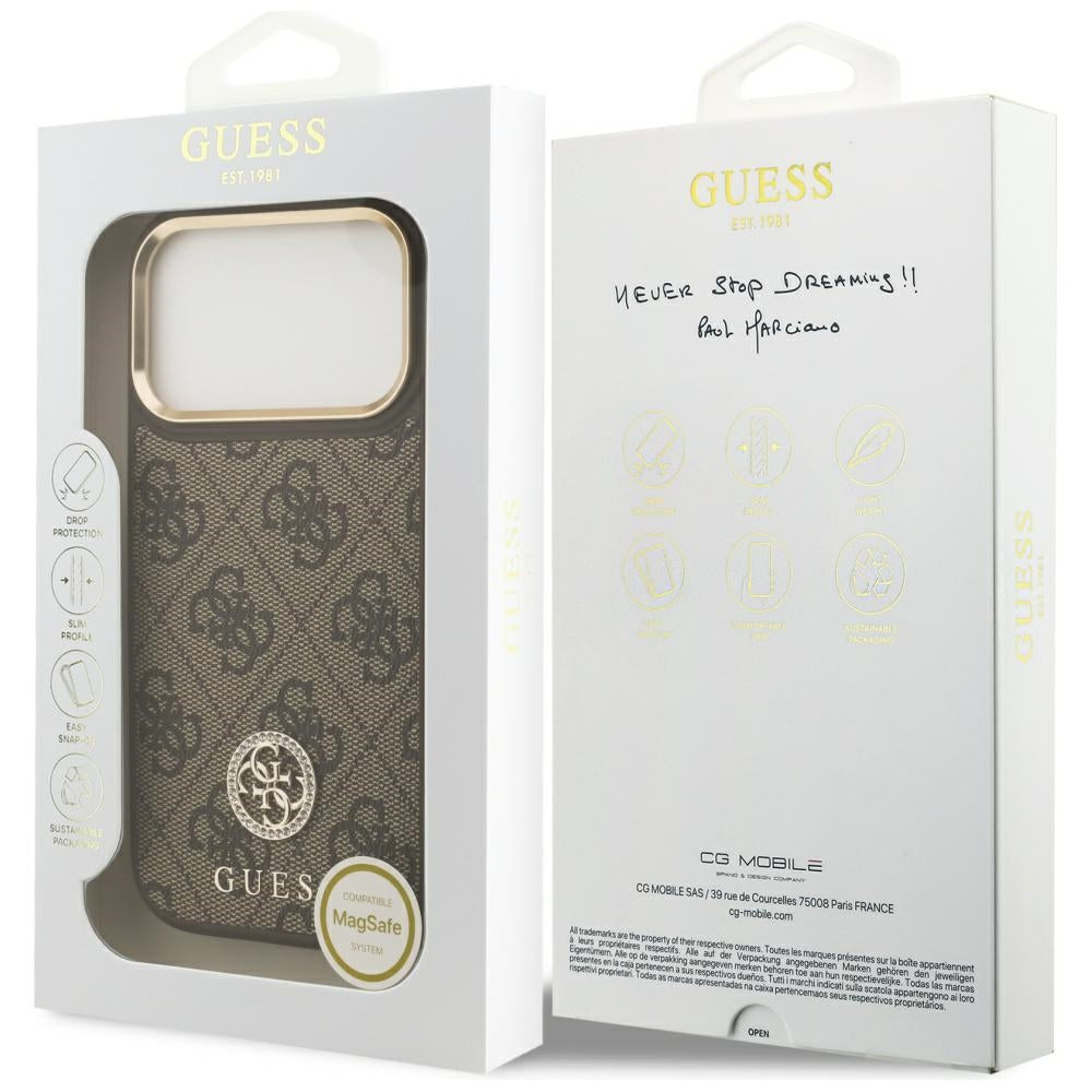 Калъф MagSafe за Apple iPhone 17 Pro, Guess, 4G Strass Logo, Кафяв