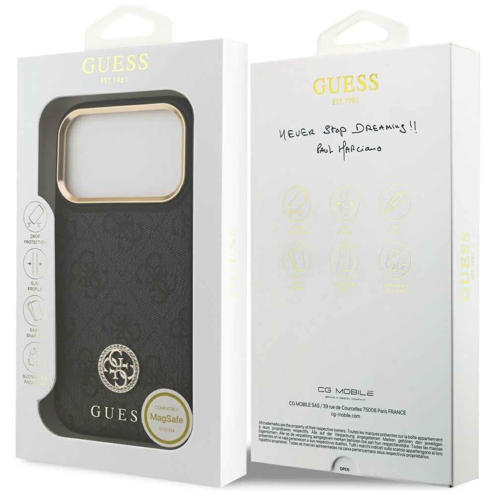 Калъф MagSafe за Apple iPhone 17 Pro, Guess, 4G Strass Logo, Черен