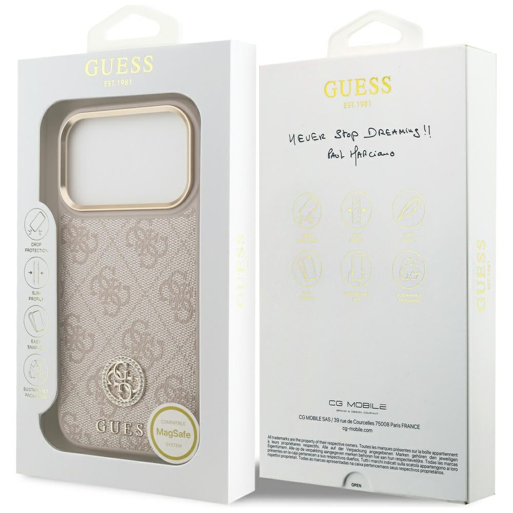 Калъф MagSafe за Apple iPhone 17 Pro, Guess, 4G Strass Logo, Розов