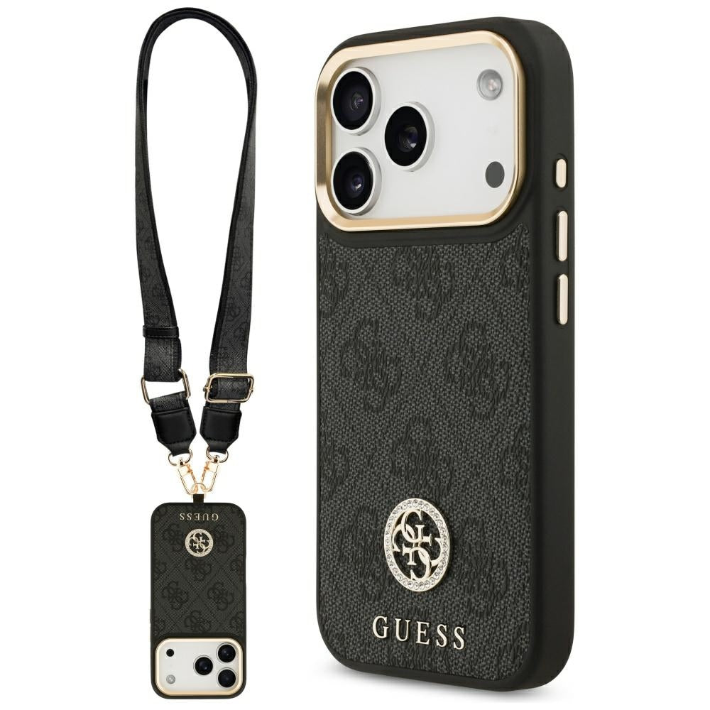 Калъф MagSafe за Apple iPhone 17 Pro, Guess, 4G Strass Logo with Big Strap, Черен